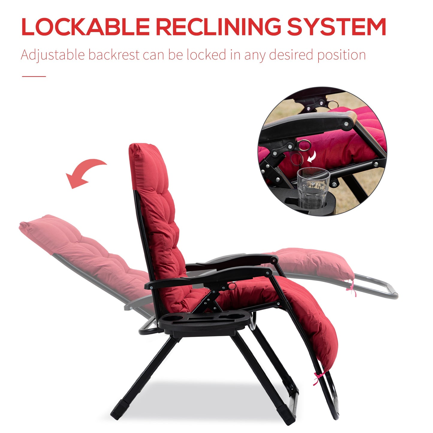 Padded Zero Gravity Chair - Folding Recliner with Cup Holder & Cushion for Patio, Pool & Camping - Red