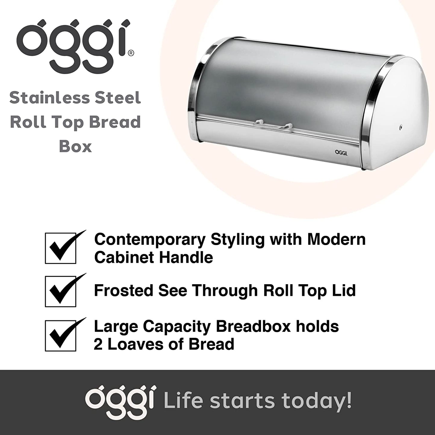 Stainless Steel Roll Top Bread Box for Kitchen Countertop with Frosted Plexilass Lid - Fits Multiple Loaves of Bread and Other Freshly Baked Goods Including Cookies, Bagels, Muffins
