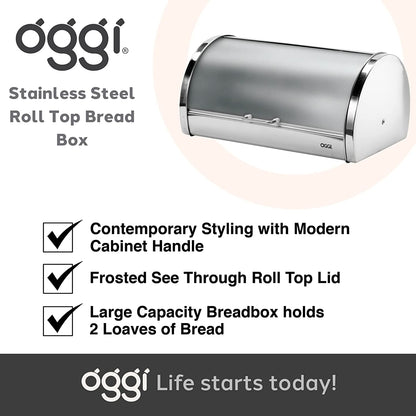 Stainless Steel Roll Top Bread Box for Kitchen Countertop with Frosted Plexilass Lid - Fits Multiple Loaves of Bread and Other Freshly Baked Goods Including Cookies, Bagels, Muffins