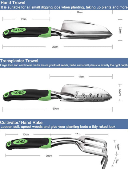 Garden Tool Set, 3 Piece Cast-Aluminum Heavy Duty Gardening Kit Includes Hand Trowel, Transplant Trowel and Cultivator Hand Rake with Soft Rubberized Non-Slip Ergonomic Handle, Garden Gifts