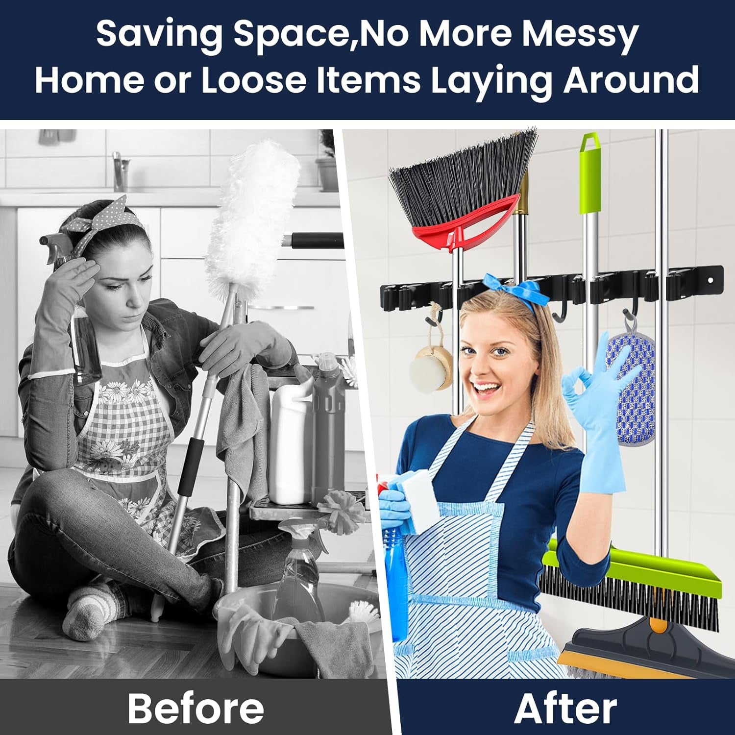 Mop and Broom Holder Wall Mount - 5 Racks and 4 Hooks Broom Hanger Mop Organizer Storage Tool Racks Stainless Steel Heavy Duty Utility Hooks for Home Kitchen Garden Laundry Garage Closet