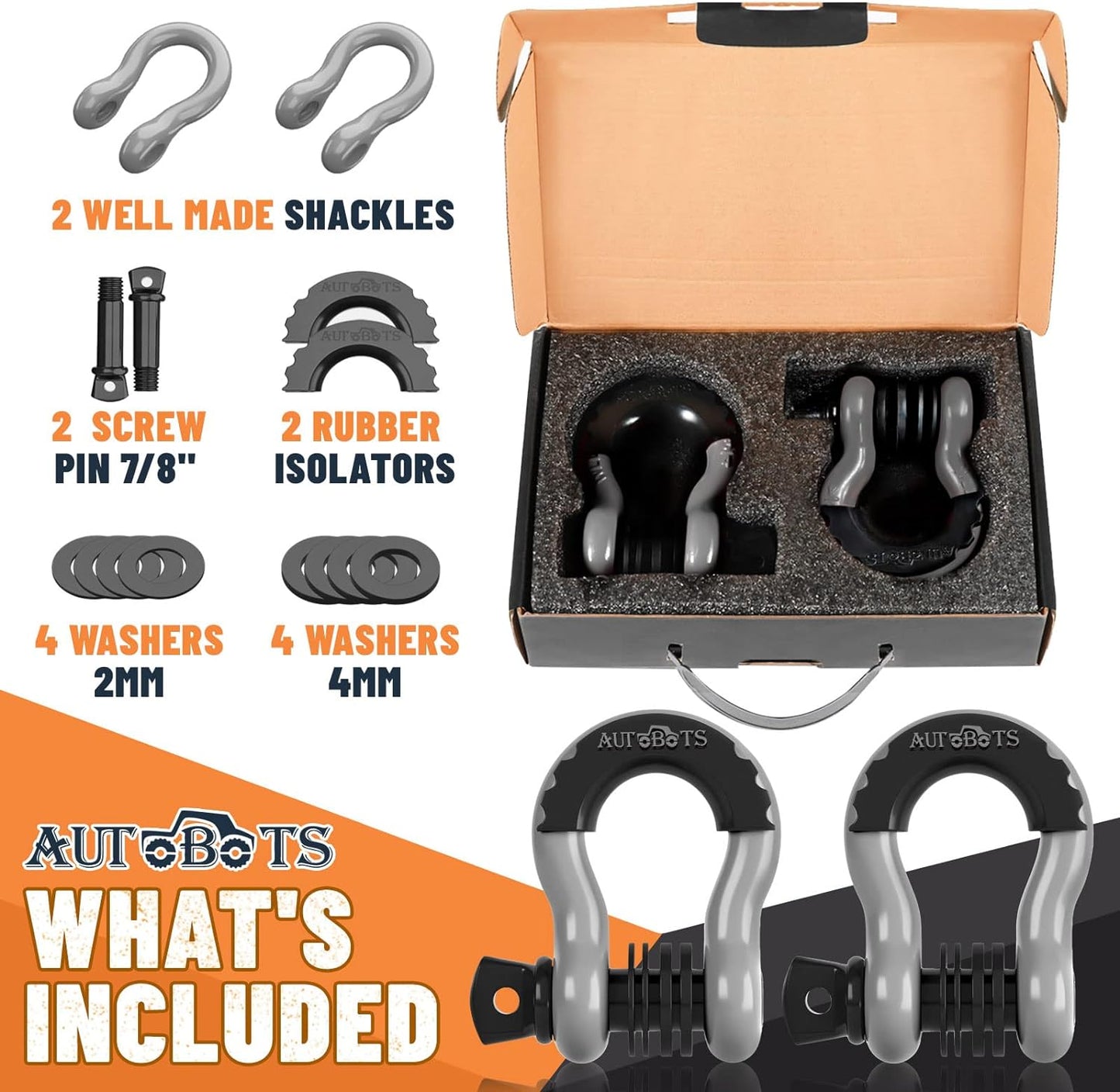 Bow Shackles 3/4" D Ring Shackle (2 Pack), 48,000Ib Break Strength with 7/8" Pin, 2 Isolator and 4 Washers Kit for Offroad Vehicle Truck Recovery Gray