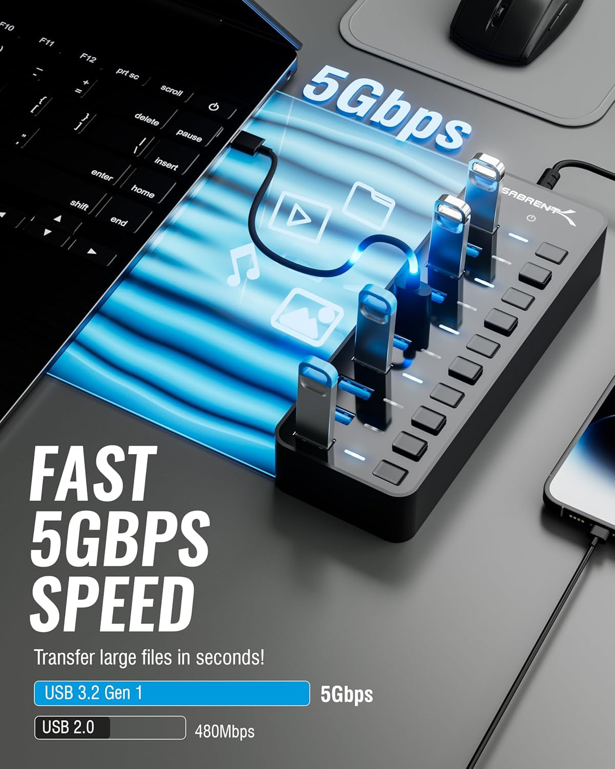 10-Port 60W USB 3.0 Hub with Individual Power Switches and Leds, Includes 60W 12V/5A Power Adapter (HB-BU10)