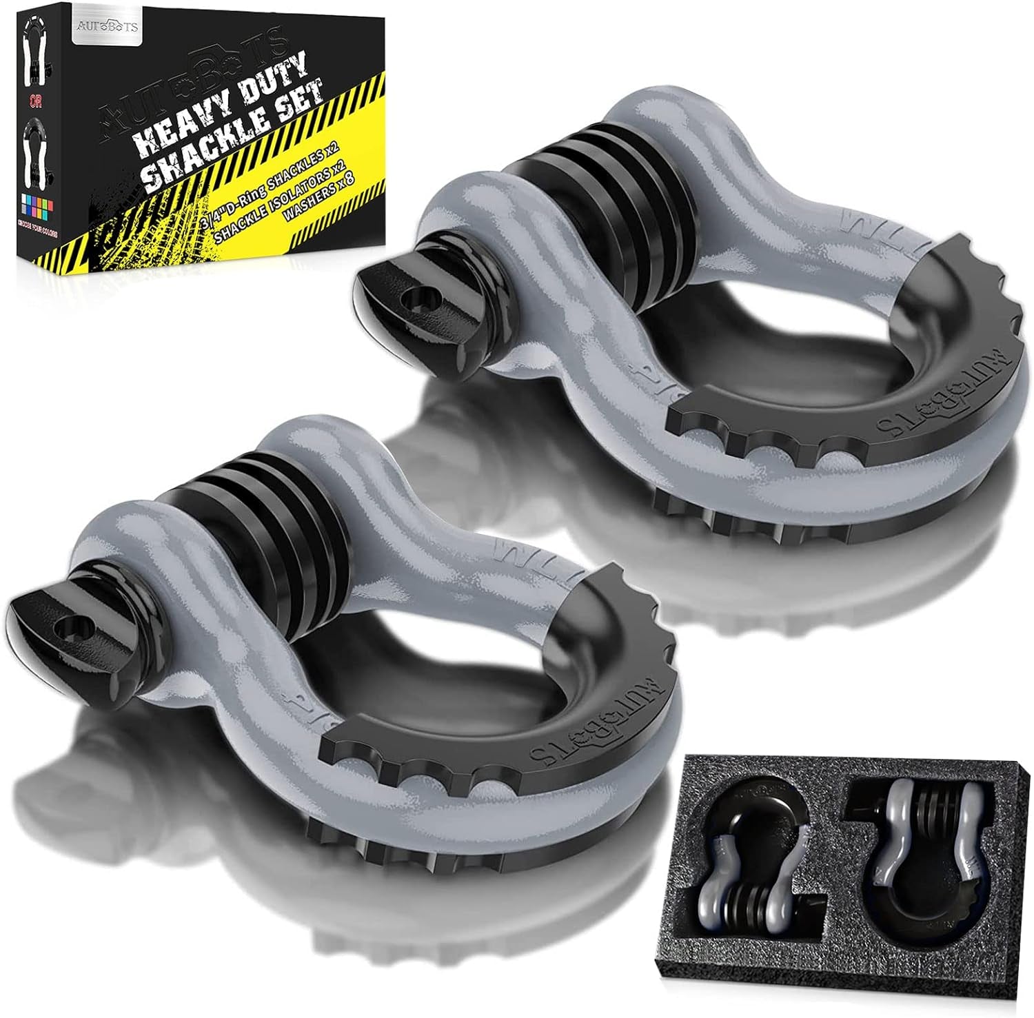 Bow Shackles 3/4" D Ring Shackle (2 Pack), 48,000Ib Break Strength with 7/8" Pin, 2 Isolator and 4 Washers Kit for Offroad Vehicle Truck Recovery Gray