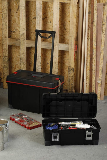 Mobile Hawk Cart and Stackable Tool Box System and Organizer with Telescopic Comfort Grip Handle - Perfect Organization and Storage Chest for Power Drill, Tape Measure, and Small Parts