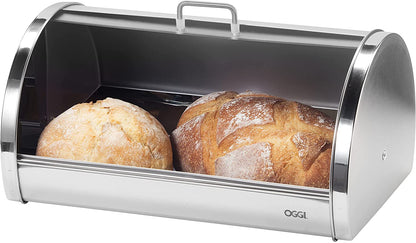 Stainless Steel Roll Top Bread Box for Kitchen Countertop with Frosted Plexilass Lid - Fits Multiple Loaves of Bread and Other Freshly Baked Goods Including Cookies, Bagels, Muffins