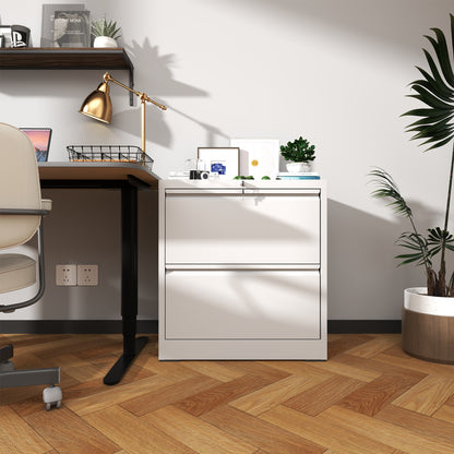 2 Drawer Lateral File Cabinet With Lock, Metal Lateral Filing Cabinet For Home Office, Steel Wide Horizontal Filing Cabinets For Letter Legal A4 F4 Hanging Files White