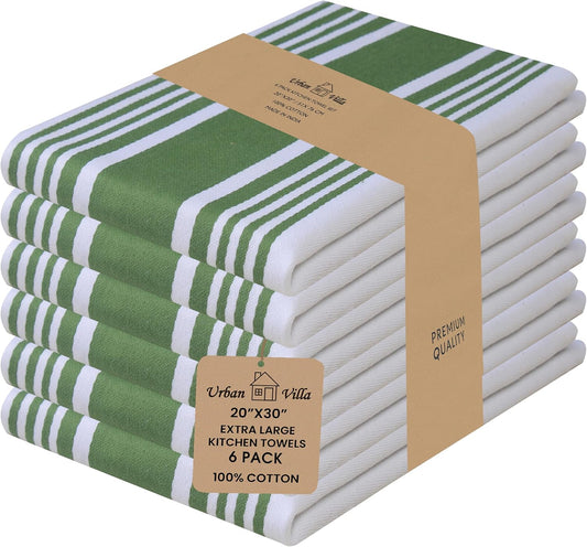 Kitchen Towels (20X30 Inches 6 Pack) Extra Large Premium Dish Towels for Kitchen Green & White Dish Cloths Highly Absorbent 100% Cotton Kitchen Hand Towels with Hanging Loop Tea Towels