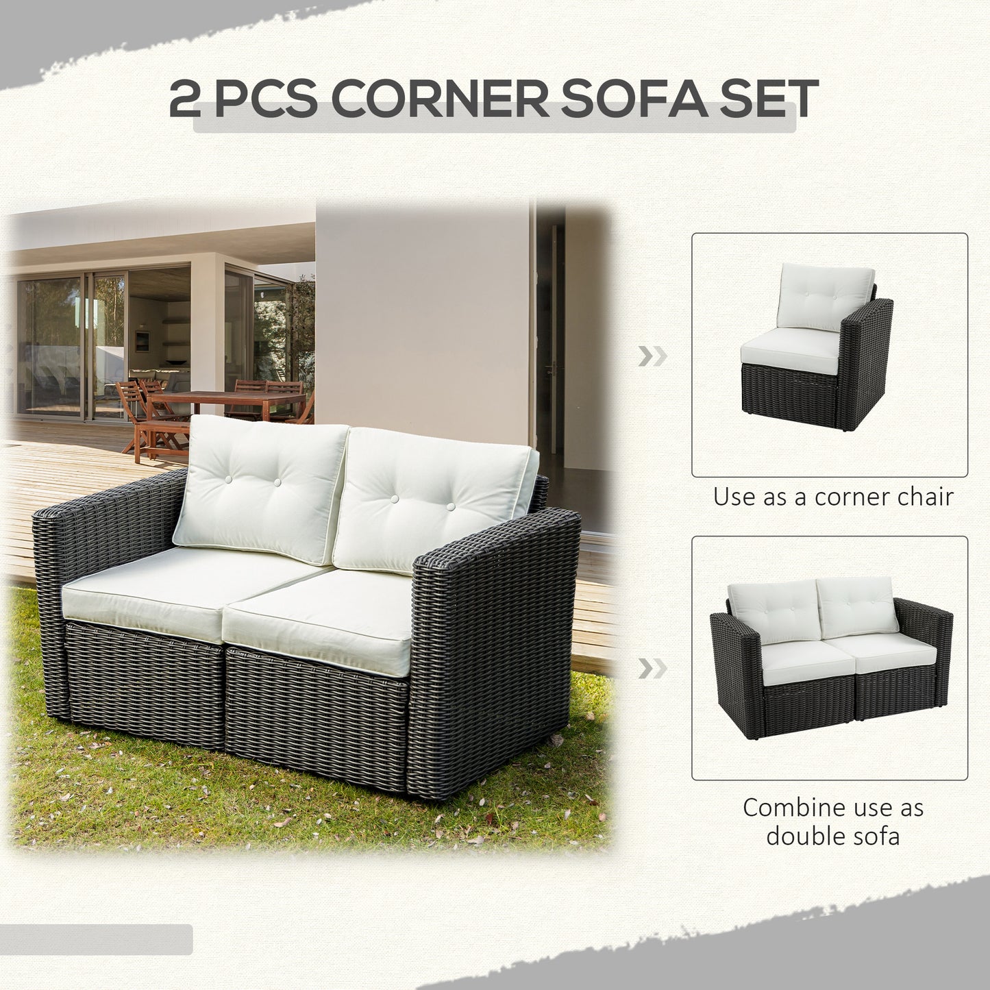 2 Piece Patio Wicker Corner Sofa Set - Outdoor PE Rattan Furniture with Cushions - Beige