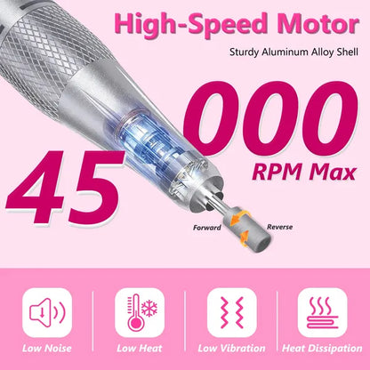 Portable Electric Nail Drill 45000 RPM - Rechargeable Manicure Kit with 11 Bits