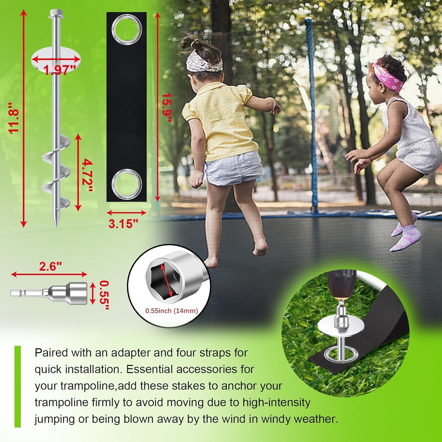 USA Ground Anchors Screw in Trampoline Anchors High Wind Tent Stakes Heavy Duty Ground Stakes Trampoline Stakes Anchor Kit Set of 4 Bonus 4 Strong Belt (Silver)