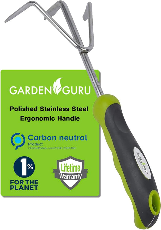 Garden Guru Hand Cultivator Rake Tiller Tool - Stainless Steel for Ultimate Strength - Rust Resistant - Ergonomic Handle - Great for Gardening Cultivating Loosening Weeding