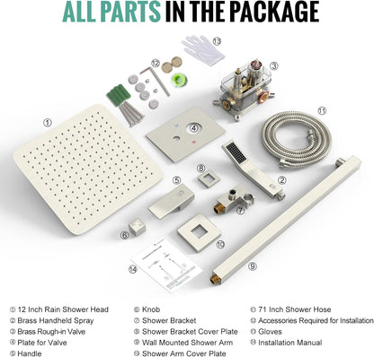 12 Inches Bathroom Luxury Rain Mixer Shower Combo Set Wall Mounted Rainfall Shower Head System Brushed Nickel Finish Shower Faucet Rough-In