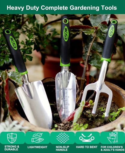 Garden Tool Set, 3 Piece Cast-Aluminum Heavy Duty Gardening Kit Includes Hand Trowel, Transplant Trowel and Cultivator Hand Rake with Soft Rubberized Non-Slip Ergonomic Handle, Garden Gifts