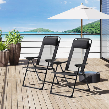 Folding Patio Dining Chairs Set of 2 - Outdoor Deck Chairs with Adjustable Sling Back & Headrest - Black