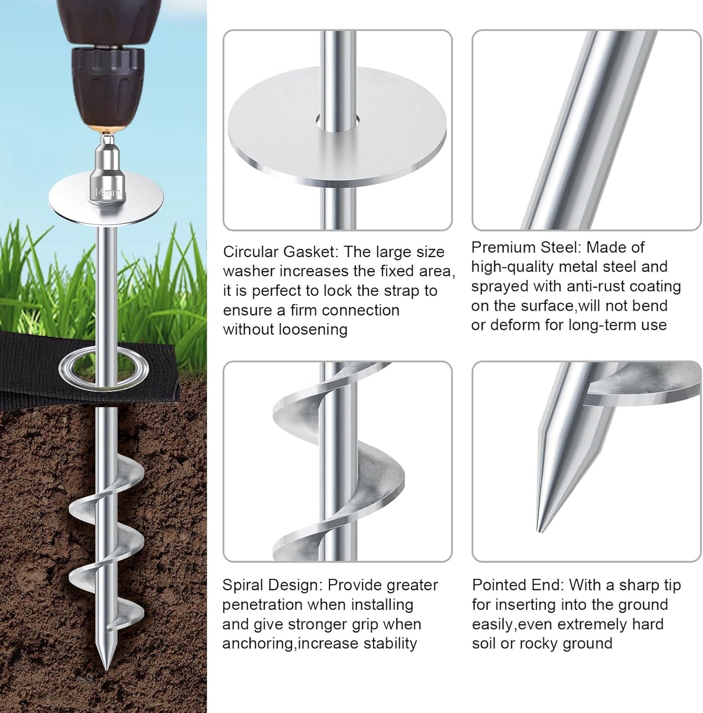USA Ground Anchors Screw in Trampoline Anchors High Wind Tent Stakes Heavy Duty Ground Stakes Trampoline Stakes Anchor Kit Set of 4 Bonus 4 Strong Belt (Silver)