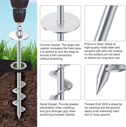 USA Ground Anchors Screw in Trampoline Anchors High Wind Tent Stakes Heavy Duty Ground Stakes Trampoline Stakes Anchor Kit Set of 4 Bonus 4 Strong Belt (Silver)