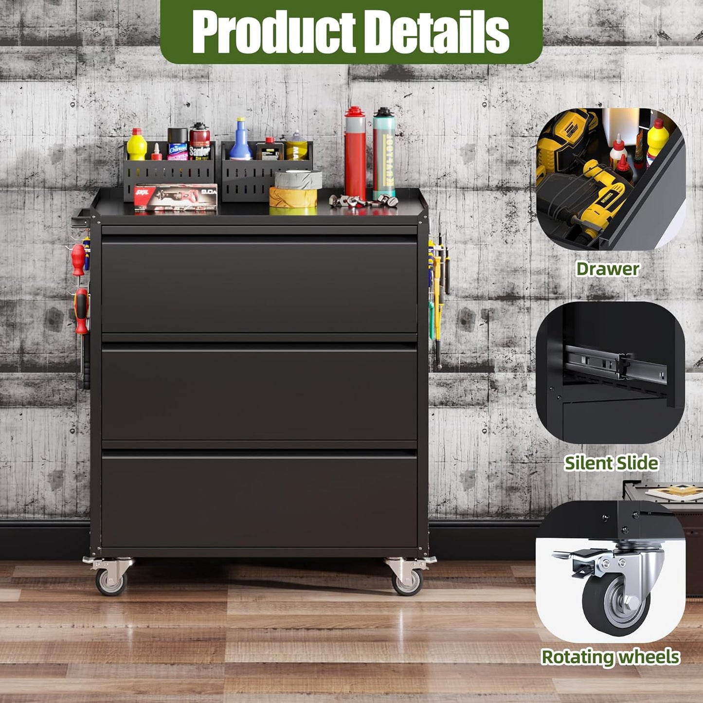 Mobile Tool Chest with 3 Drawers & Workbench Top - Rolling Garage Cabinet with Wheels