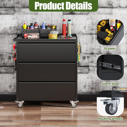 Mobile Tool Chest with 3 Drawers & Workbench Top - Rolling Garage Cabinet with Wheels