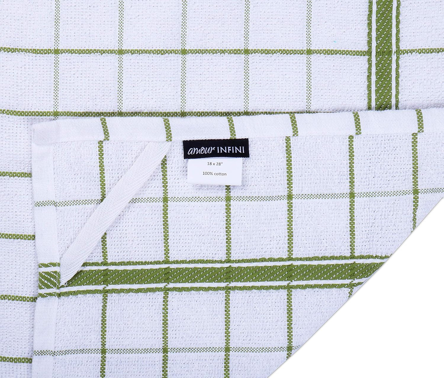 Terry Cotton Kitchen Towels 4-Pack - Large 18 X 28 Inch, Absorbent & Soft Dish Towel with Hanging Loop, Washable Ideal for Cleaning, Drying (Green)