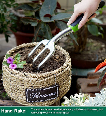 Garden Tool Set, 3 Piece Cast-Aluminum Heavy Duty Gardening Kit Includes Hand Trowel, Transplant Trowel and Cultivator Hand Rake with Soft Rubberized Non-Slip Ergonomic Handle, Garden Gifts