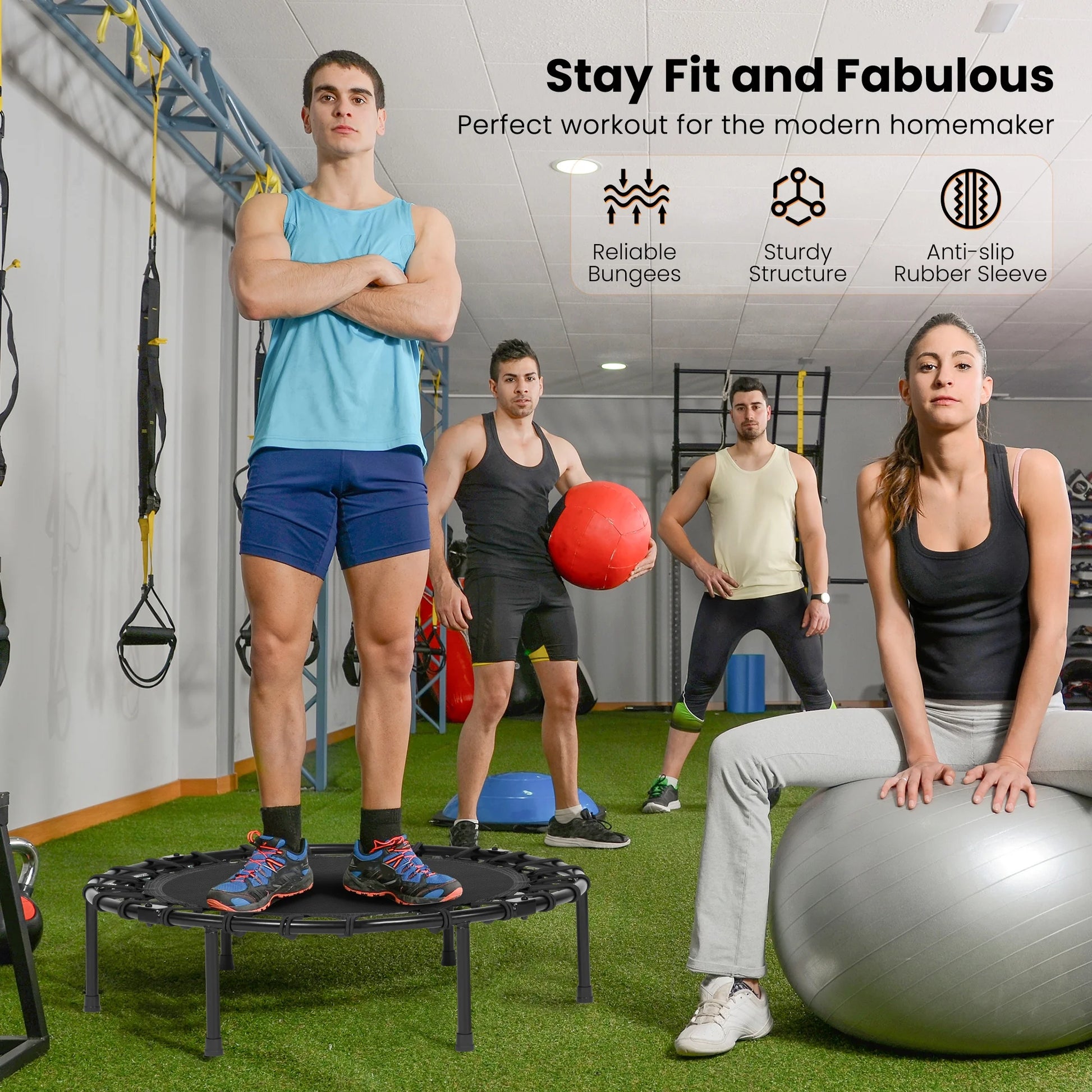 2 in 1 Circular Trampoline 40In Fitness Trampoline with 24 Bungees Adjustable Foam Handle Exercise Trampoline for Family Adults Indoor Outdoor Workout Black Gifts for Dad