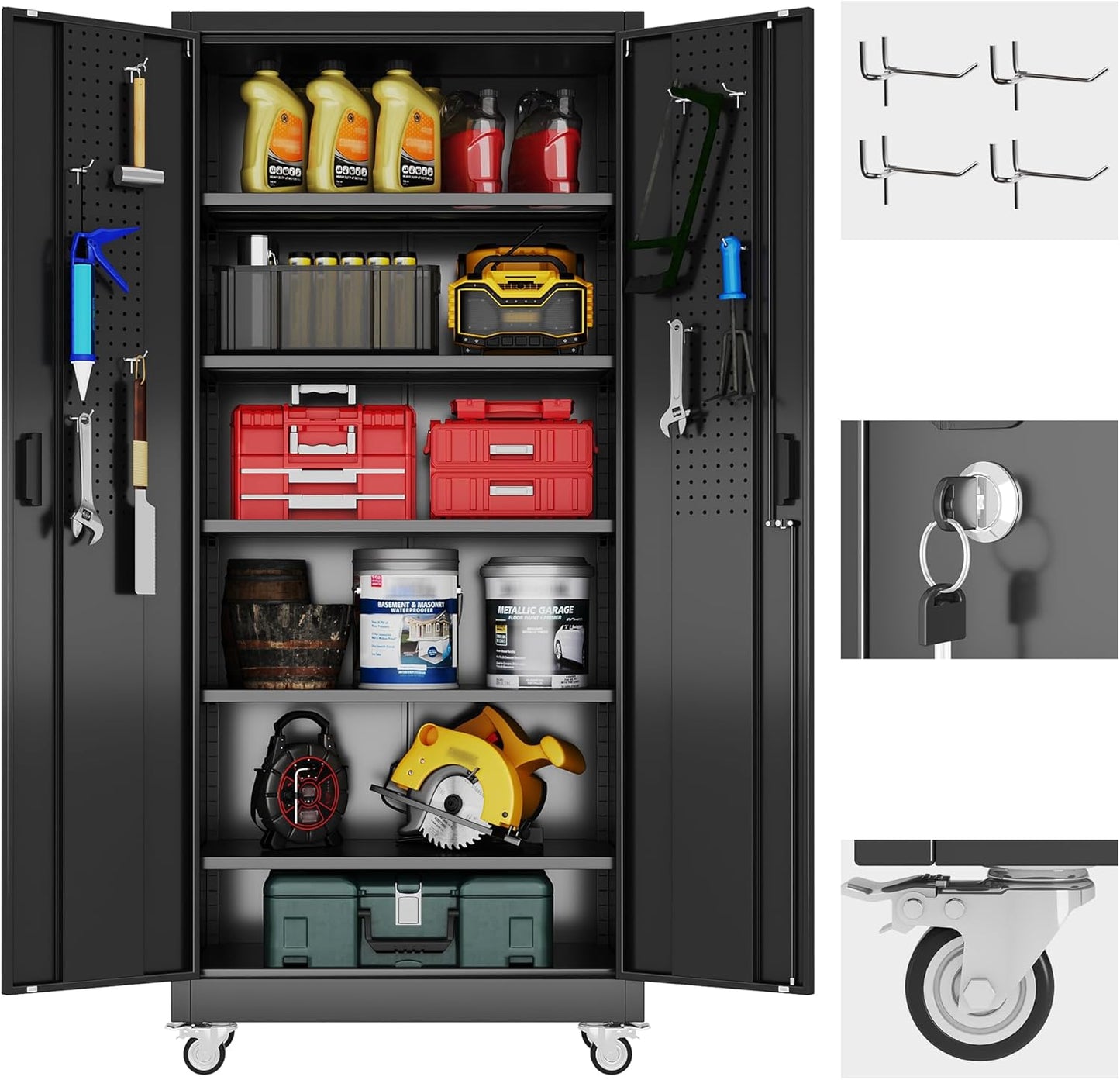 Garage Storage Cabinet with Pegboard - Lockable Metal Organizer with 5 Adjustable Shelves
