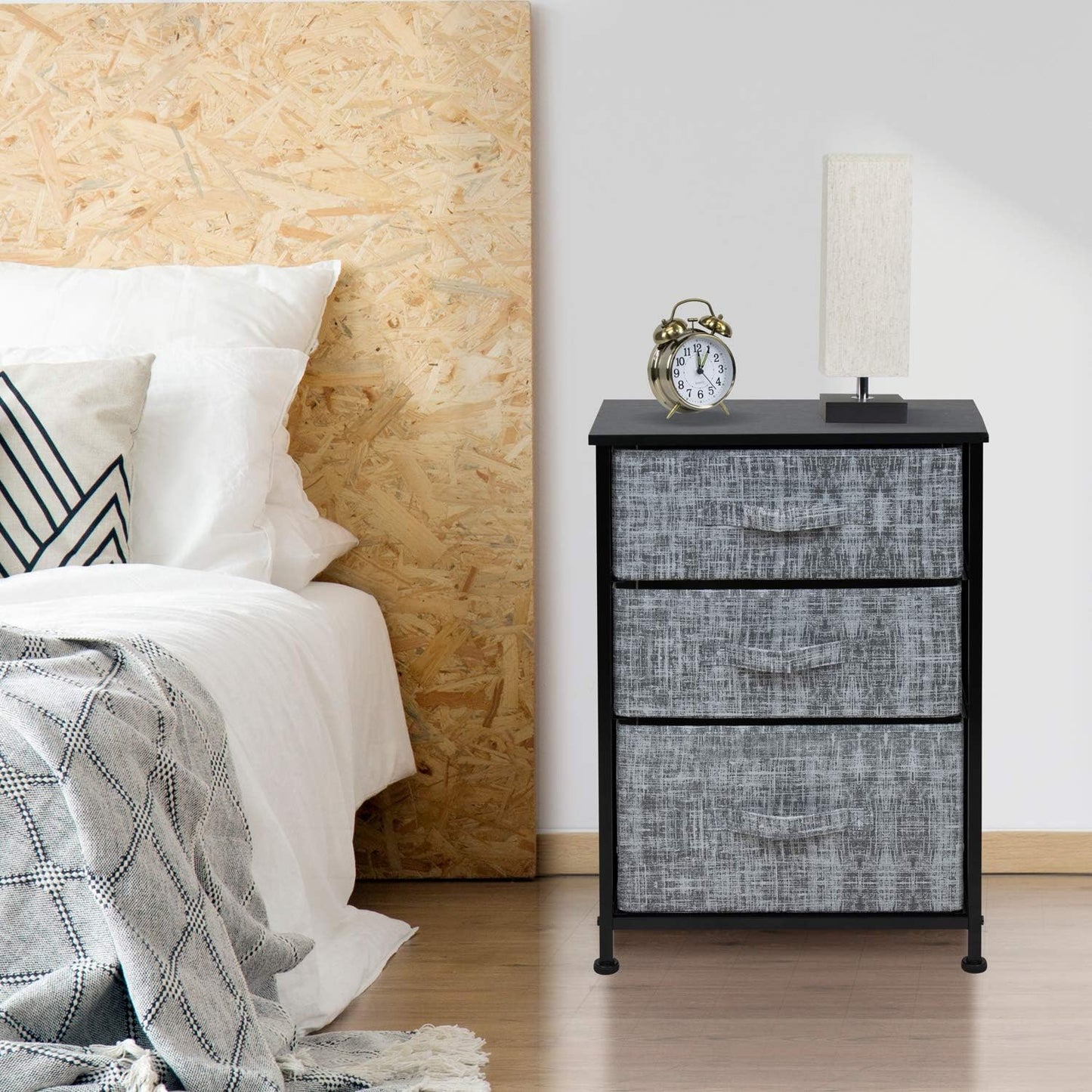 Nightstand with 3 Drawers - Bedside Furniture & Accent End Table Chest for Home, Bedroom Accessories, Office, College Dorm, Steel Frame, Wood Top, Easy Pull Fabric Bins (Gray/Black)