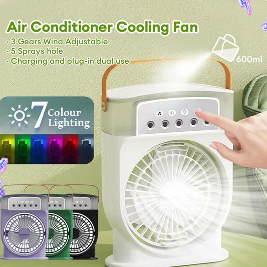 Portable USB Air Cooler Fan – 600ml Personal Air Conditioner with Mist Spray & 7-Color LED Light