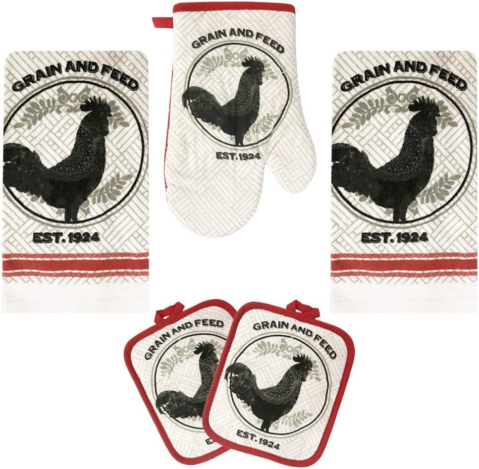 Rooster Kitchen Decor Linen Set Includes 2-Towels 2-Pot Holders 1-Oven Mitt | Grain and Feed Rooster Theme Kitchen Towel Set for Cooking, Baking, Housewarming & Kitchen Decoration (Set of 5 Piece)