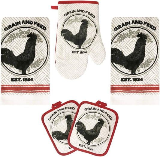 Rooster Kitchen Decor Linen Set Includes 2-Towels 2-Pot Holders 1-Oven Mitt | Grain and Feed Rooster Theme Kitchen Towel Set for Cooking, Baking, Housewarming & Kitchen Decoration (Set of 5 Piece)