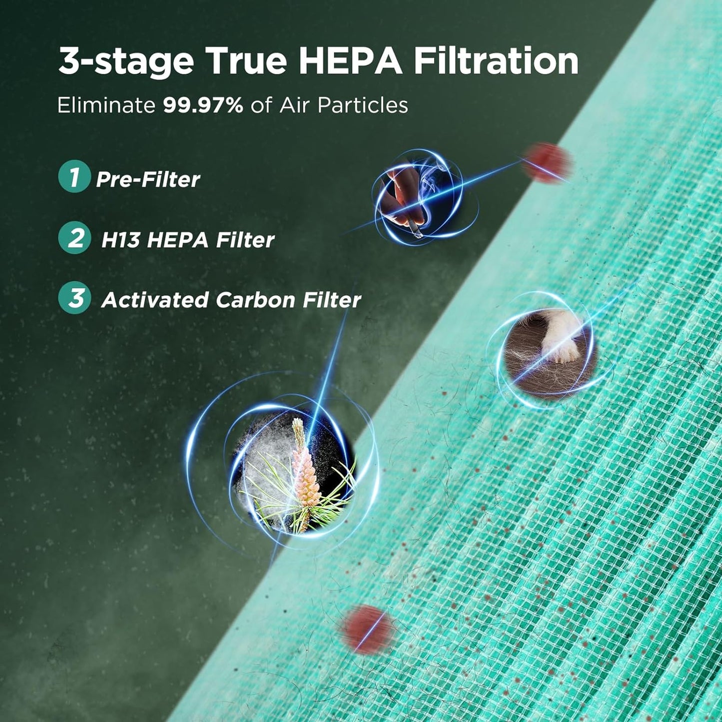 H13 True HEPA Air Purifier - Quiet Portable Air Cleaner for Bedroom, Office & Living Room