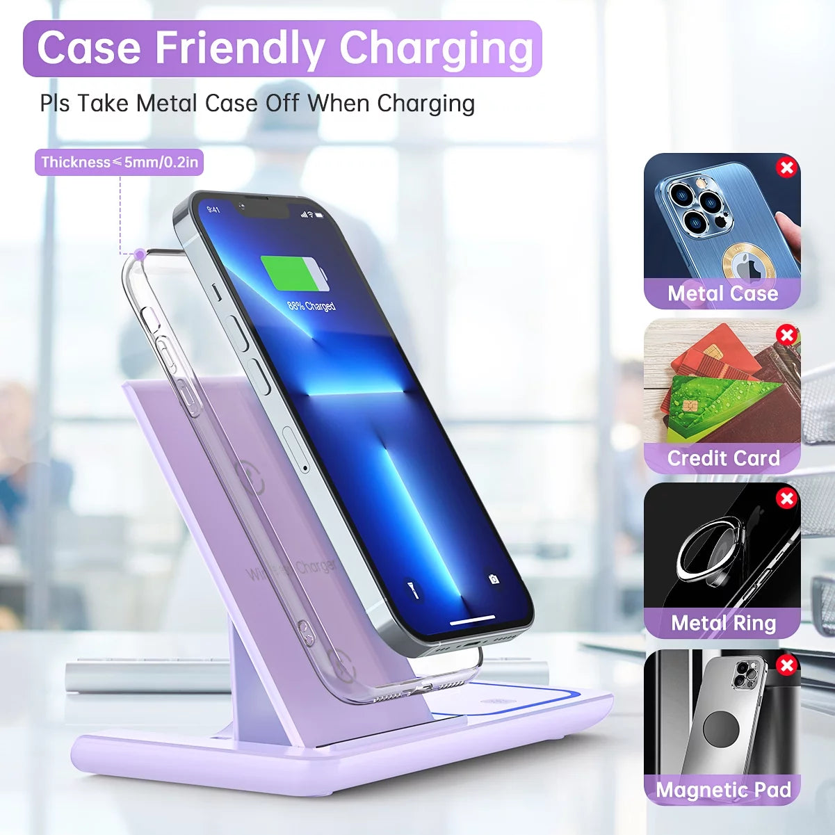 Wireless Charging Station, 3 in 1 Wireless Charger for Iphone 17/16/15/14/13/12/11/Pro/Pro Max/Xs, 18W Charging Dock for Iwatch Series 11 10 9 8 7 6 5 4 3 2, Airpods 4/3/2/Pro(Purple)
