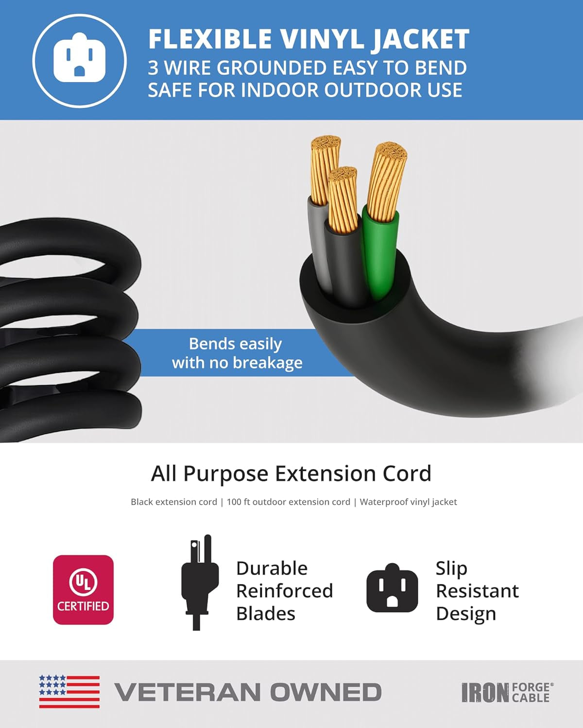 2 Pack 100 Ft Black Extension Cord, 16/3, 100 Foot Extension Cord, 3 Prong, Weatherproof - Great for outside Use