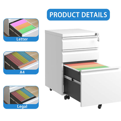 3-Drawer Mobile File Cabinet with Lock - Metal Filing Cabinet for Home Office