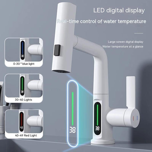 Smart Digital Display Faucet – Pull-Out Basin Faucet with LED Temperature Display & 360° Rotation