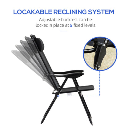 Folding Patio Dining Chairs Set of 2 - Outdoor Deck Chairs with Adjustable Sling Back & Headrest - Black