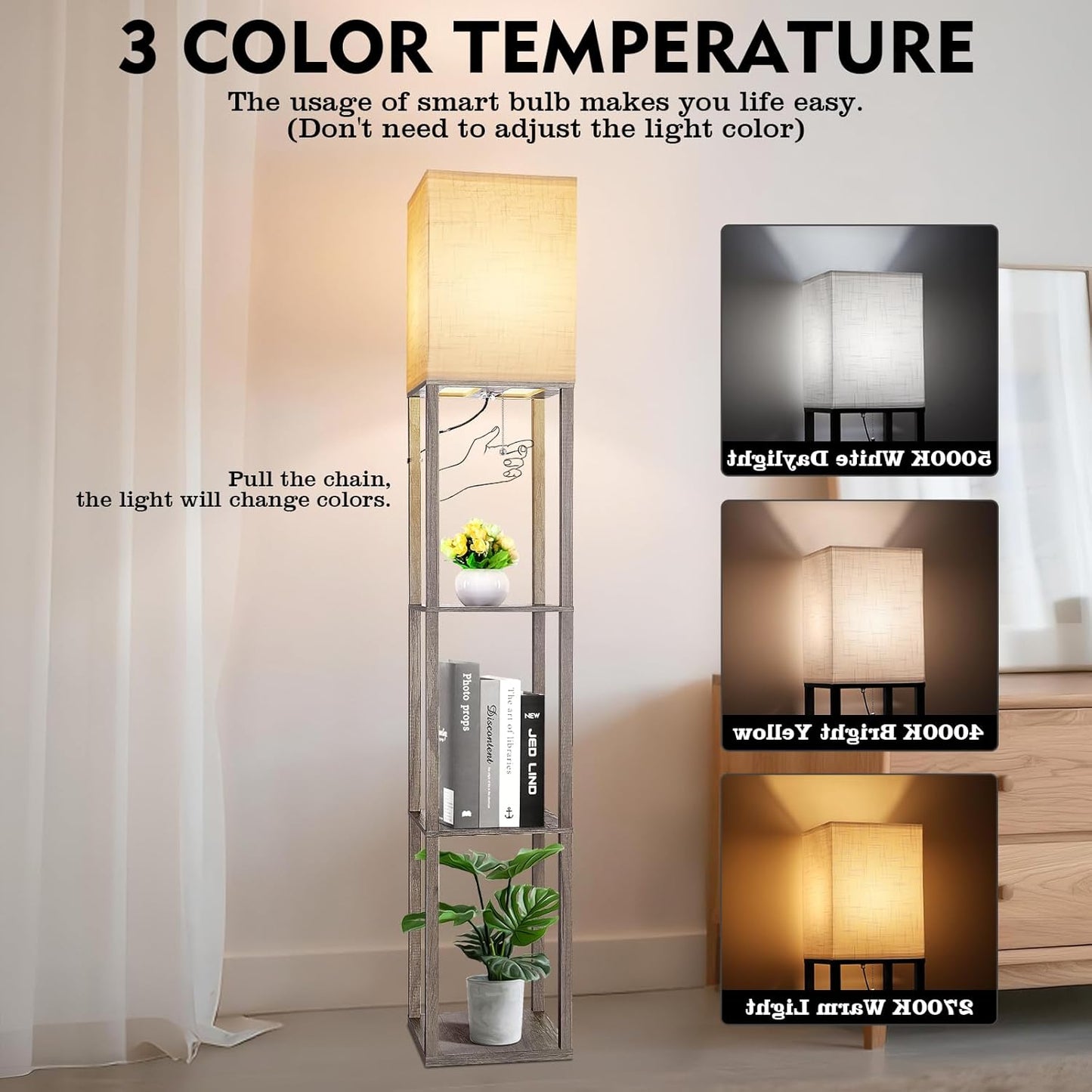 Floor Lamp with Shelves, Shelf Lamp with 3 Color Temperature LED Bulb,Lamps for Living Room, Standing Lamp Modern Tall Standing Light Display Shelf Floor Lamps for Bedroom, Office Home Decor