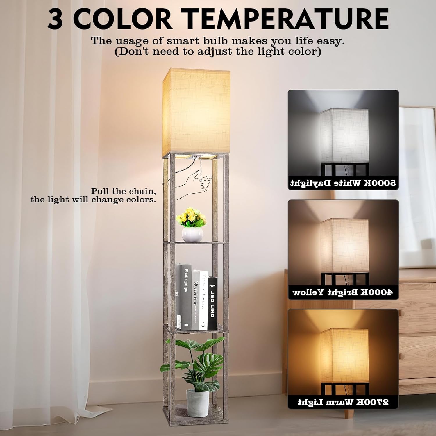 Floor Lamp with Shelves, Shelf Lamp with 3 Color Temperature LED Bulb,Lamps for Living Room, Standing Lamp Modern Tall Standing Light Display Shelf Floor Lamps for Bedroom, Office Home Decor
