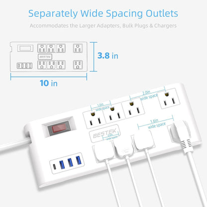 8 AC Outlet, 5 Feet Extension Cord Power Strip with 3 USB-A 2.4A 1USB-C 3A, MAX Output 1625W 13A, 600Joule, Ultra-Compact Wide Spaced Outlet for Large Plug