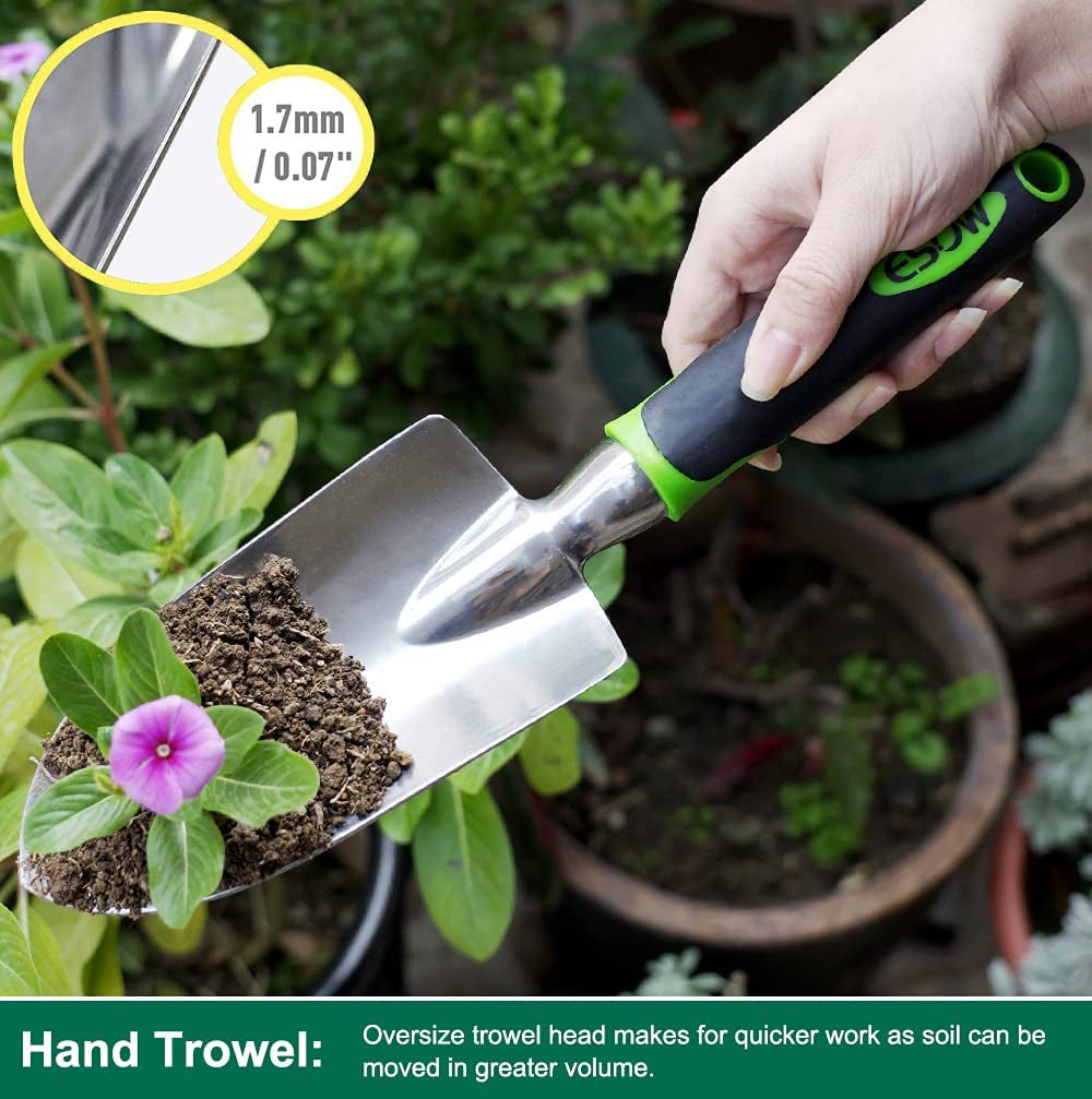 Garden Tool Set, 3 Piece Cast-Aluminum Heavy Duty Gardening Kit Includes Hand Trowel, Transplant Trowel and Cultivator Hand Rake with Soft Rubberized Non-Slip Ergonomic Handle, Garden Gifts