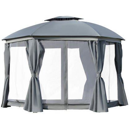 12' x 12' Round Outdoor Gazebo - Dome Canopy Shelter with Double Roof, Netting & Curtains - Grey