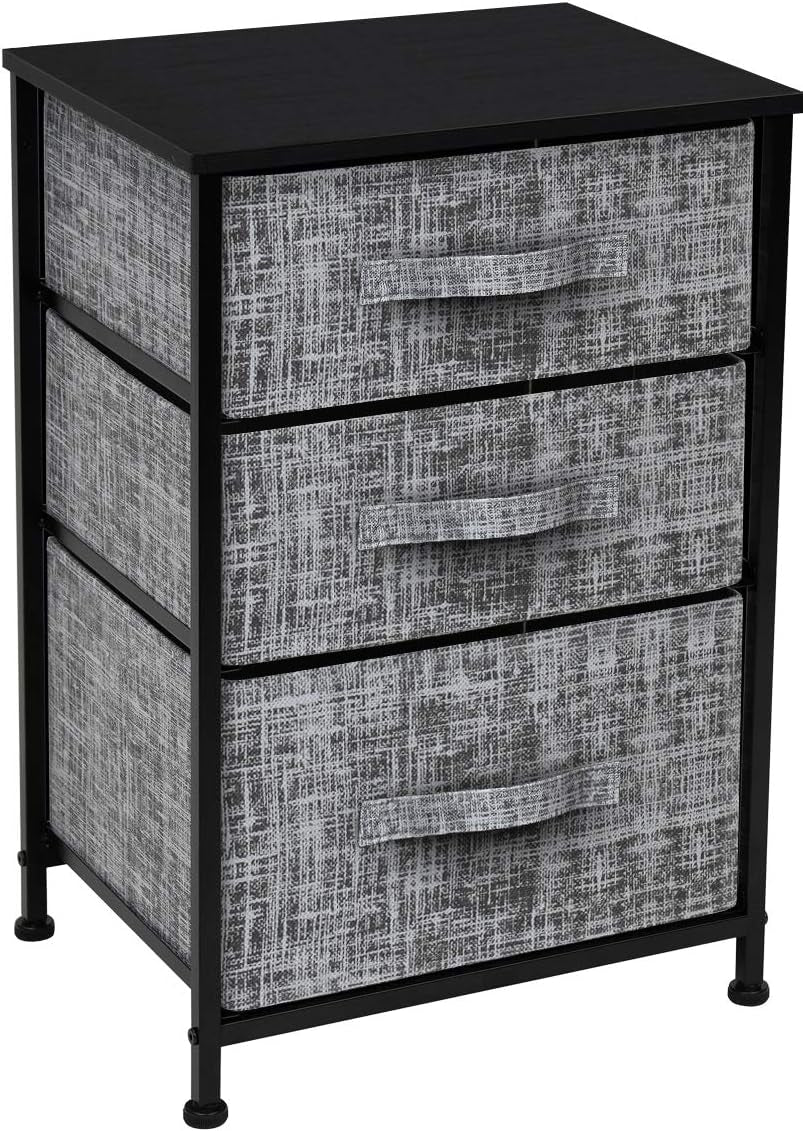 Nightstand with 3 Drawers - Bedside Furniture & Accent End Table Chest for Home, Bedroom Accessories, Office, College Dorm, Steel Frame, Wood Top, Easy Pull Fabric Bins (Gray/Black)