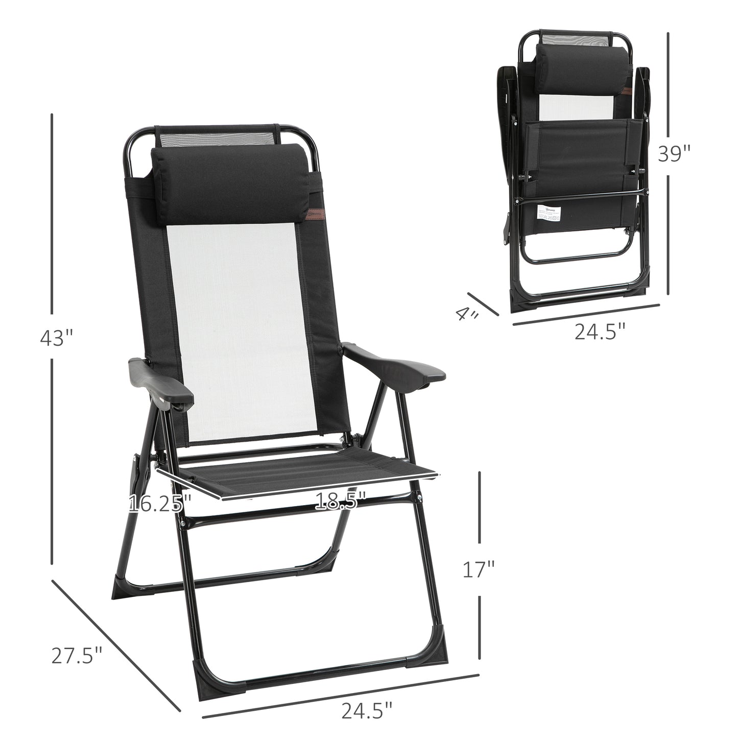Folding Patio Dining Chairs Set of 2 - Outdoor Deck Chairs with Adjustable Sling Back & Headrest - Black