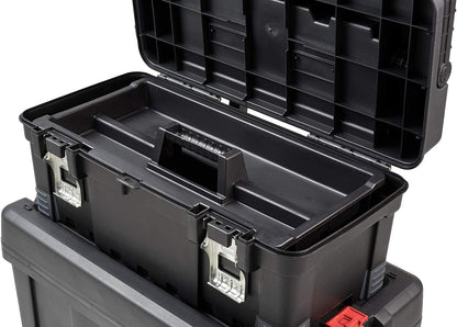 Mobile Hawk Cart and Stackable Tool Box System and Organizer with Telescopic Comfort Grip Handle - Perfect Organization and Storage Chest for Power Drill, Tape Measure, and Small Parts