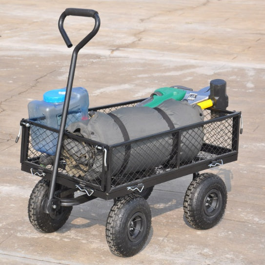 Heavy Duty Steel Garden Cart - 4-Wheel Utility Wagon with Swivel Handle & Detachable Sides