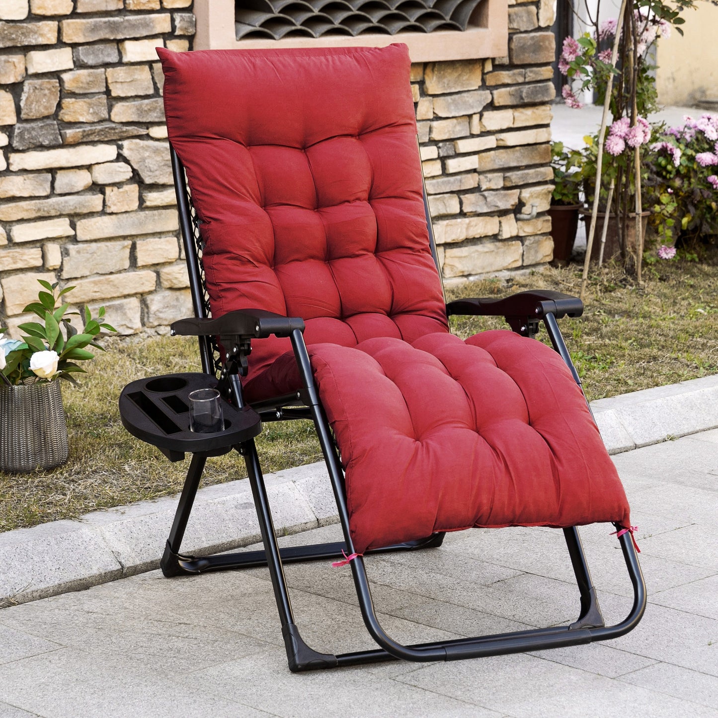 Padded Zero Gravity Chair - Folding Recliner with Cup Holder & Cushion for Patio, Pool & Camping - Red