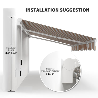 13' x 8' Retractable Awning - Manual Patio Sunshade Shelter for Deck, Balcony & Yard - Beige Stripes