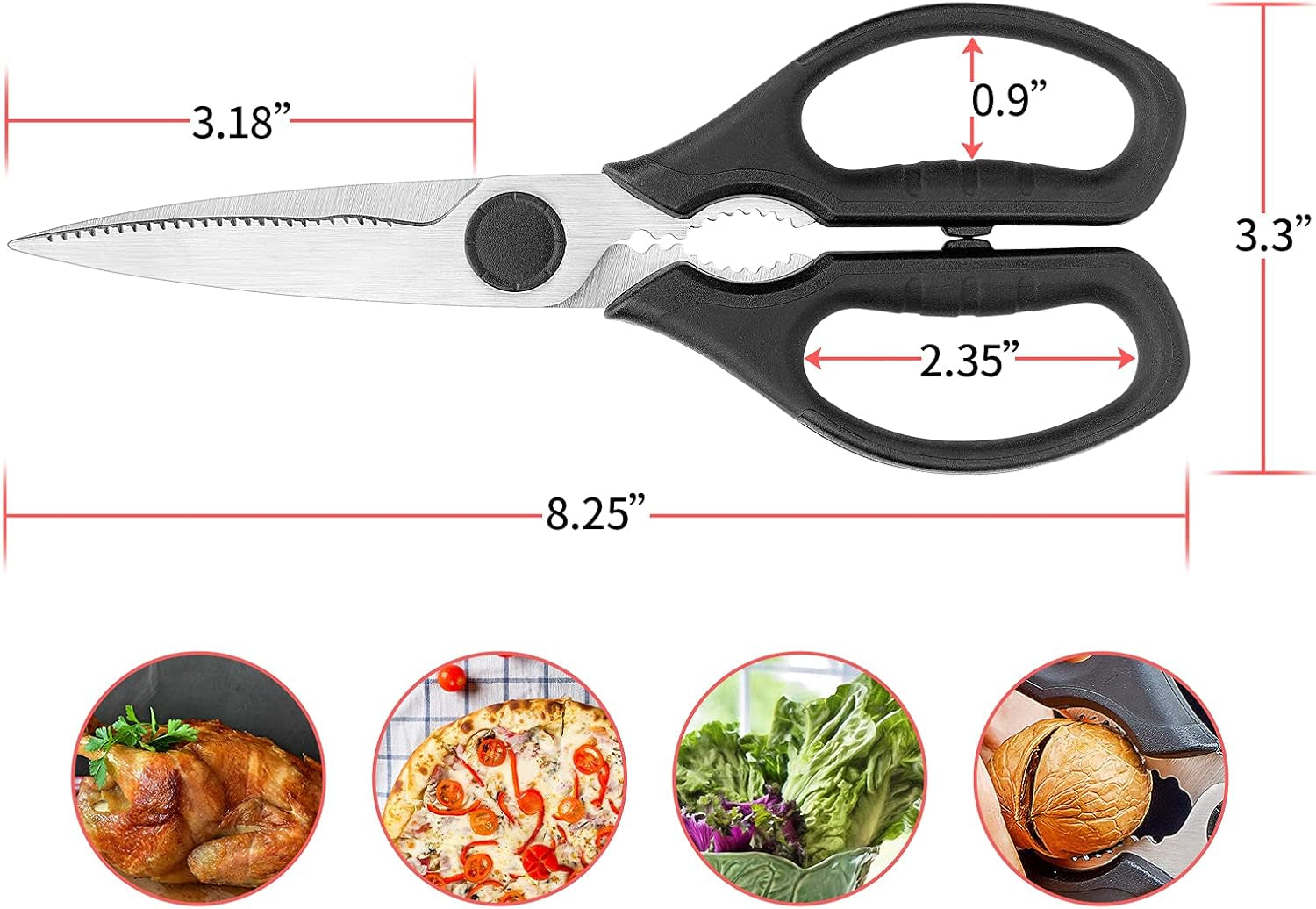 Multifunction Kitchen Scissors 2-Piece Set , Heavy Duty Food Shears for Chicken Meat Vegetable Fish Herb Poultry Stainless Steel Cooking Scissors with Comfortable Handle (Black)