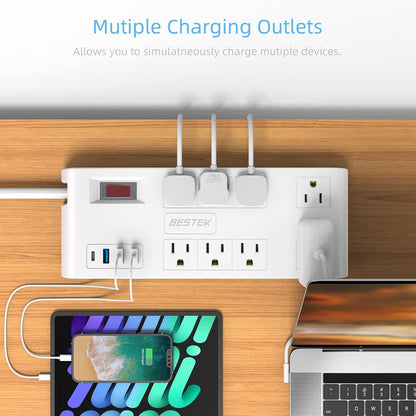 8 AC Outlet, 5 Feet Extension Cord Power Strip with 3 USB-A 2.4A 1USB-C 3A, MAX Output 1625W 13A, 600Joule, Ultra-Compact Wide Spaced Outlet for Large Plug